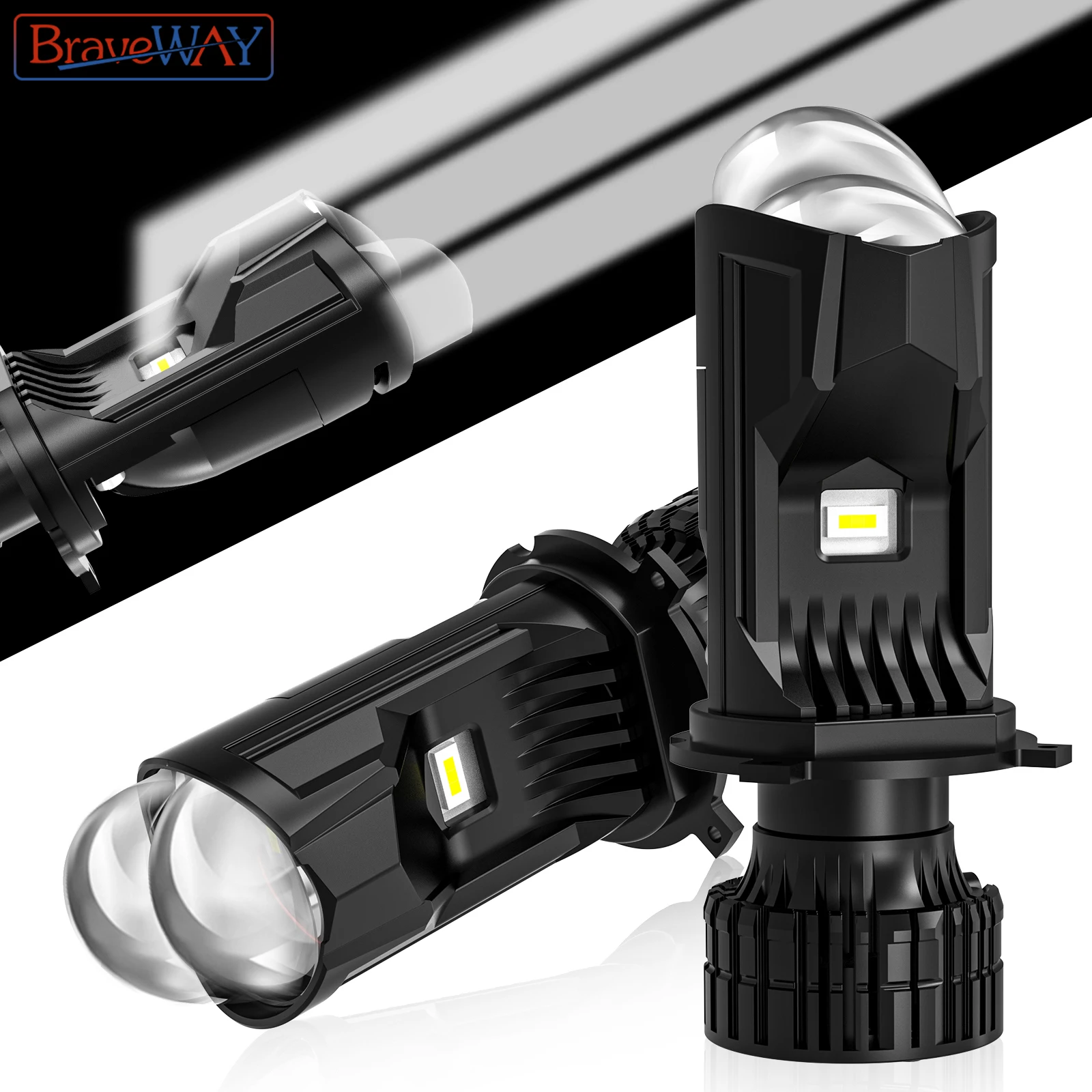 BraveWAY Triple Light Beams LED H4 Headlight Bulbs with Projector Mini Len Lamps 100W 100000LM