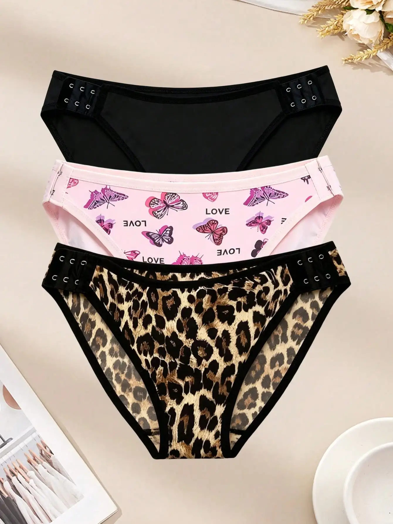 3Pcs New Arrival Houndstooth Pattern Split Bikini Panties Removable French Triangle Briefs Sexy Underwear