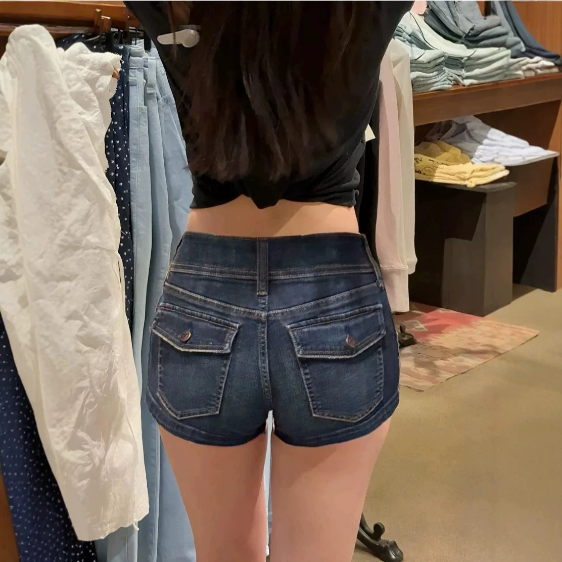 Women High Waisted Denim Shorts Dark Wash Double Button Flap Pocket Contrast Stitch Slim Fit Short Jeans Casual Summer Hot Pants