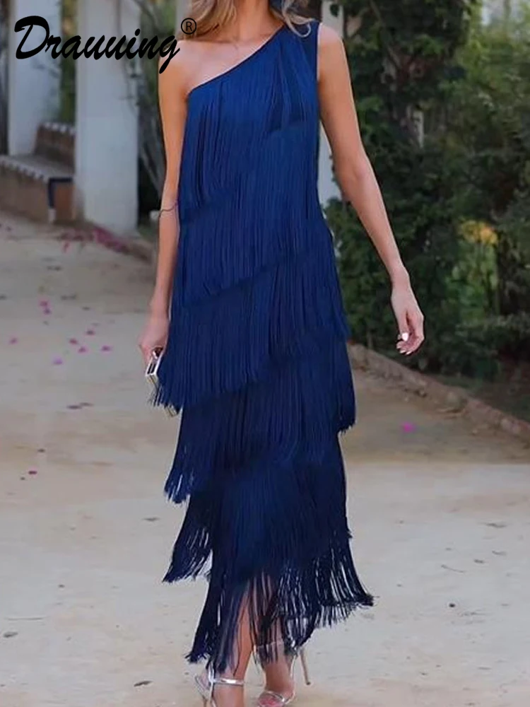 D​rauuing Tassels Sleeveless Ankle Length Dress Women Off Shoulder Straight Elegant Party Dress Women Summer New Blue Solid Slim