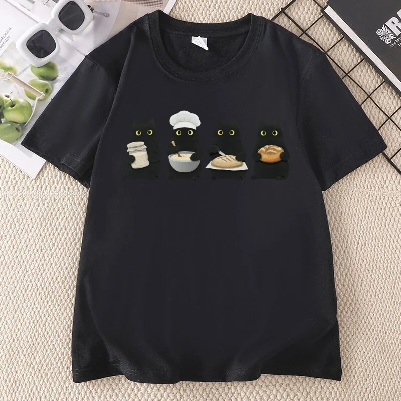 Black Cats Sourdough T Shirt Funny Sourdough Starter Cat Mom Tshirt Bread Lover Tees Casual Cotton Short Sleeve Cooking Tee