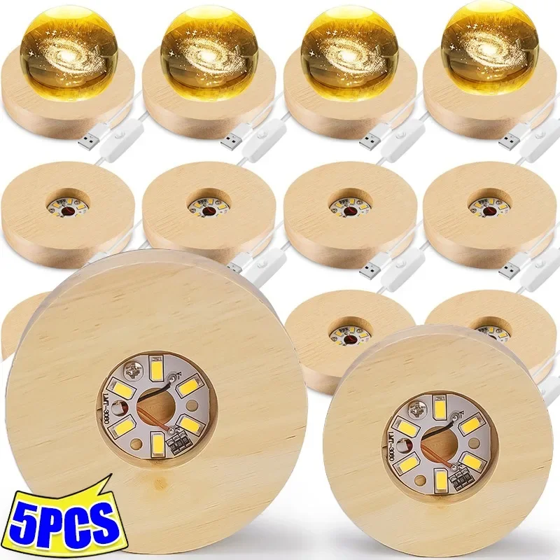 

1-5Pcs Round Wooden LED Light Dispaly Base Stand Holder Able Night Lamp Base Crystal Glass Resin Art Ornaments Party Supplies