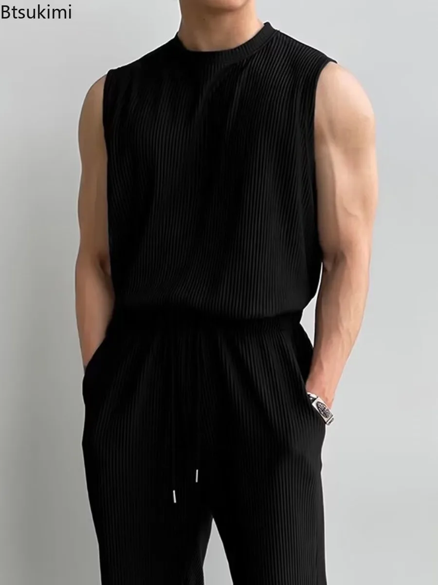 Summer Ice Silk Sets Men's Solid Casual Tracksuits Fashion Sleeveless T-shirt and Pants Two Piece Set Men Sports Fitness Outfits