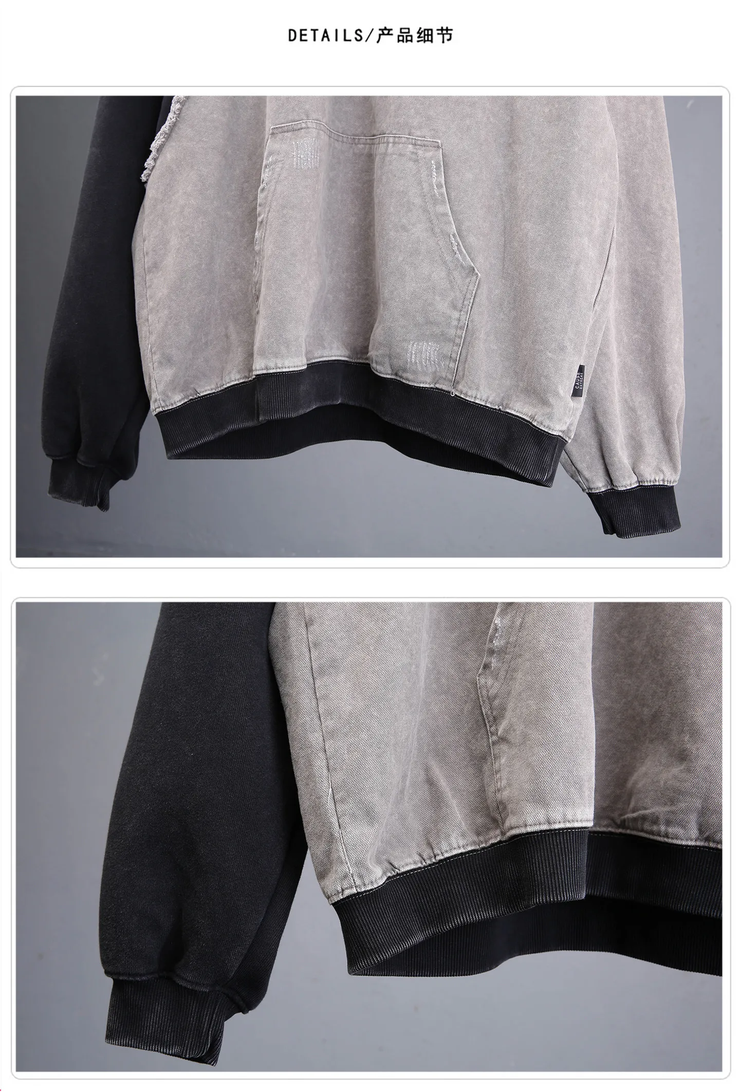 Contrast Color Patchwork Techwear Style Casual Hoodies Man Autumn Tactical Function Washed Distressed Design Long Sleeve Tops