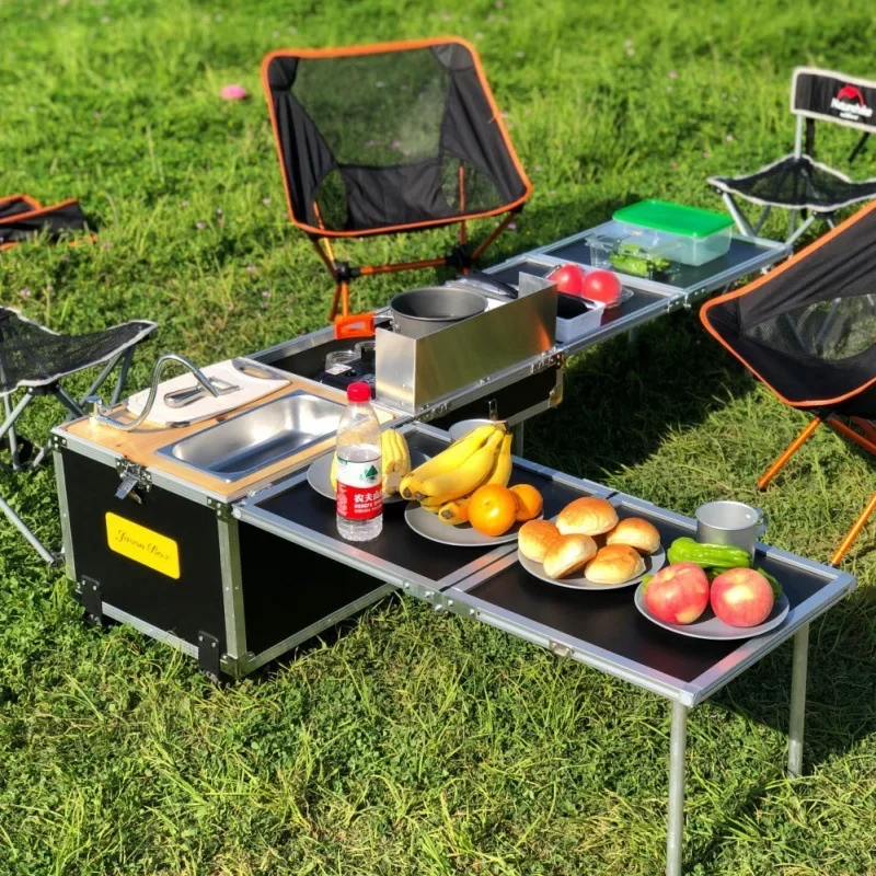 Outdoor Camping Cooking Table Folding Movable Kitchen Station for BBQ All in one Cookware Set Pack-Away Portable Mobile Kitchen