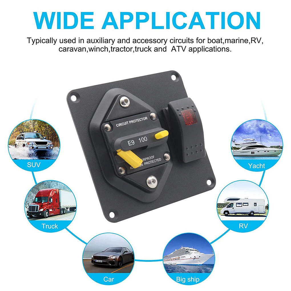50A 100A 150A 200A 250A Boat Circuit Breaker Panel With Red LED Backlit Single Lamp Boat Rocker Switch For RV Boat Accessories