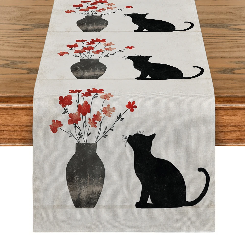 Vase Cat Flower Lines Table Runner Kitchen Dining  Table Decoration for Indoor Outdoor Home Table Runners Dining Long Cloth