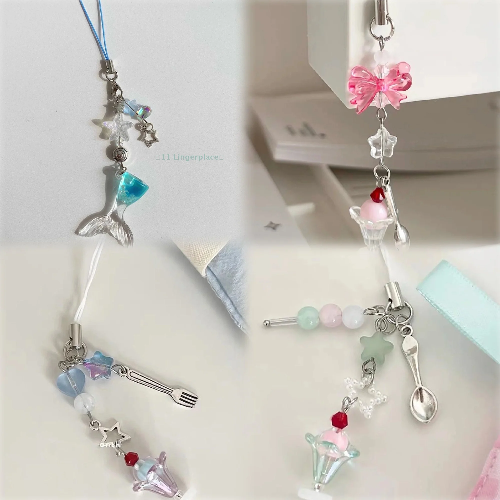 Tricolor Ice Cream Soda Mobile Phone Pendant Handbeaded Earphone Pendant With Girly Heart Phone Chain Bag Pendant Keychain