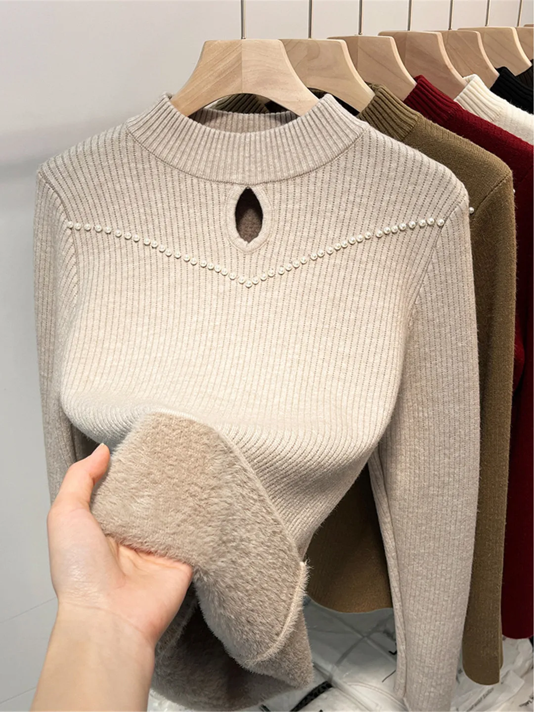 Women's Fce Lined Inteated Sweater 2025 Autumn Winter Thiened f High Collar Warm Base irt Slimming Faionable Top