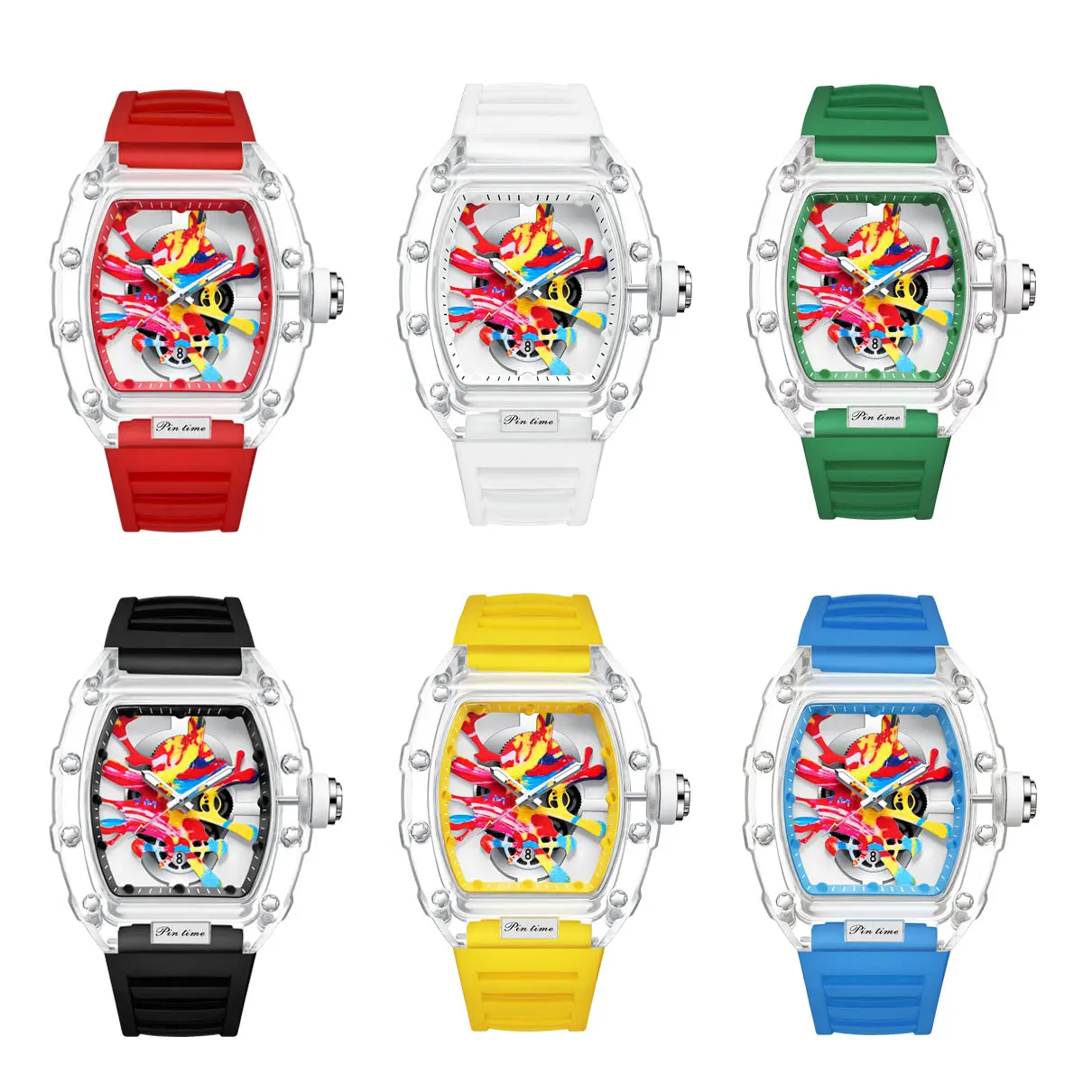 Men Tonneau Fashion Transparent Graffiti Art Dial Punk Hiphop Unique Watch Japanese Movement Luminous Silicone Wristwatches