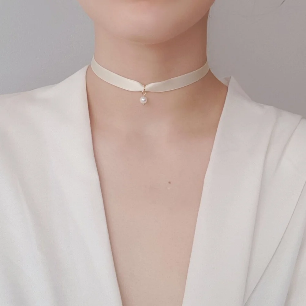 Vintage Simple White Silk Ribbon Necklace For Women Girl Fashion Boho Cross Artificial Pearl Pendant Choker Baroque Jewelry Gift