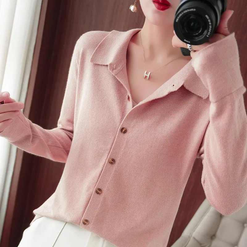 

Women's Cardigan Spring Worsted Wool Knitted Sweater Casual Solid Blouse Loose Ladies Tops POLO Collar Single Breasted Jacket