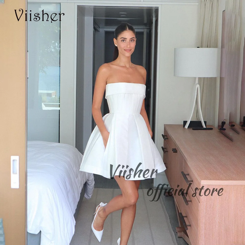 

viisher White Satin Strapless Wedding Party Dresses with Pockets A Line Short Ball Gowns Bride Dress Back Lace Up