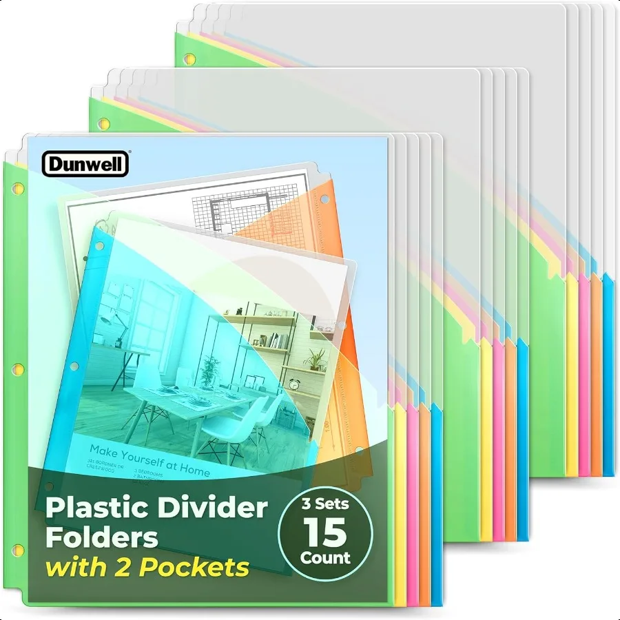 

Plastic Binder Pocket 3 Hole Punched 3 Sets 15 Count Slash File Jackets for 8.5x11 Paper Project Sleeves for 3 Ring Binder No T