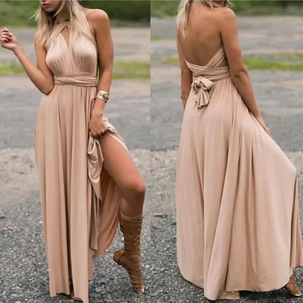 European and American Deep V-neck Sleeveless Strappy Beautiful Backless High-waisted Satin Dress for Women