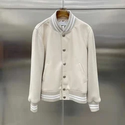 Baseball Uniform Coat Spring Women Short Length 2023 New Fashion O-Neck Collar Clothes Genuine Leather Splicing Knitting Fabric