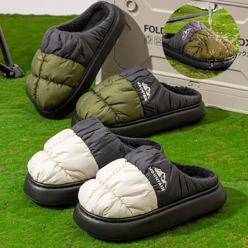 

Waterproof Down Thick Sole Indoor Slippers Women 2025 Winter Mix Color Non Slip Outdoor Slippers Woman Warm Plush Cotton Shoes