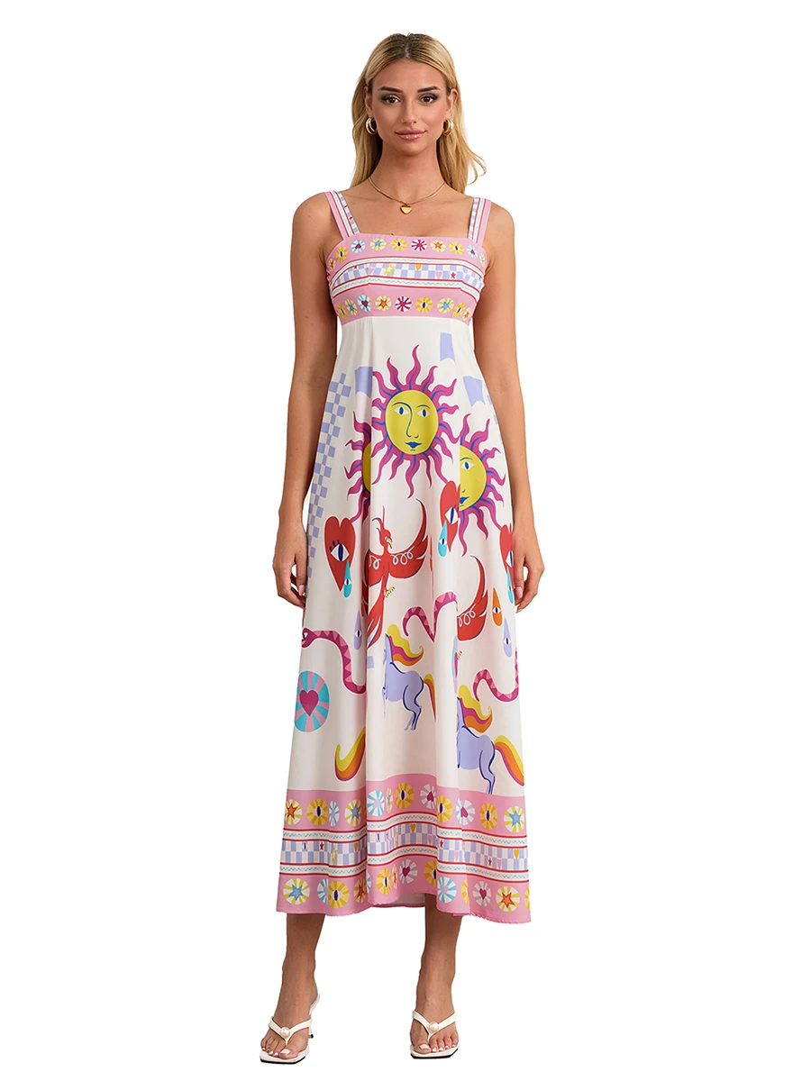 Women Summer Boho Maxi Dress Spaghetti Strap Smocked Tiered Cami Dress Y2K Floral Swing Beach Sundress