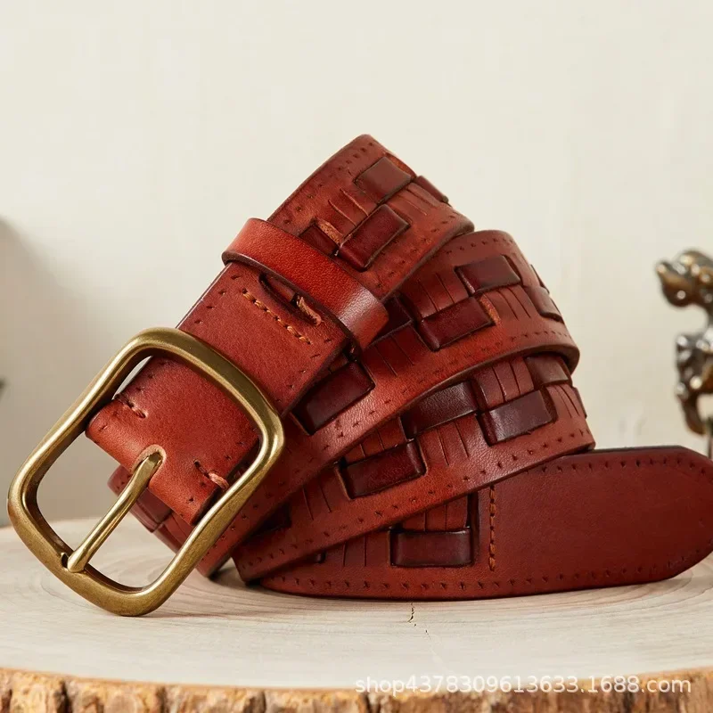 3,8 cm Herren reines Rindsleder Messing Nadel schnalle Gürtel Vintage Echt leder Weben erste Schicht hochwertige Jeans Gürtel Luxus