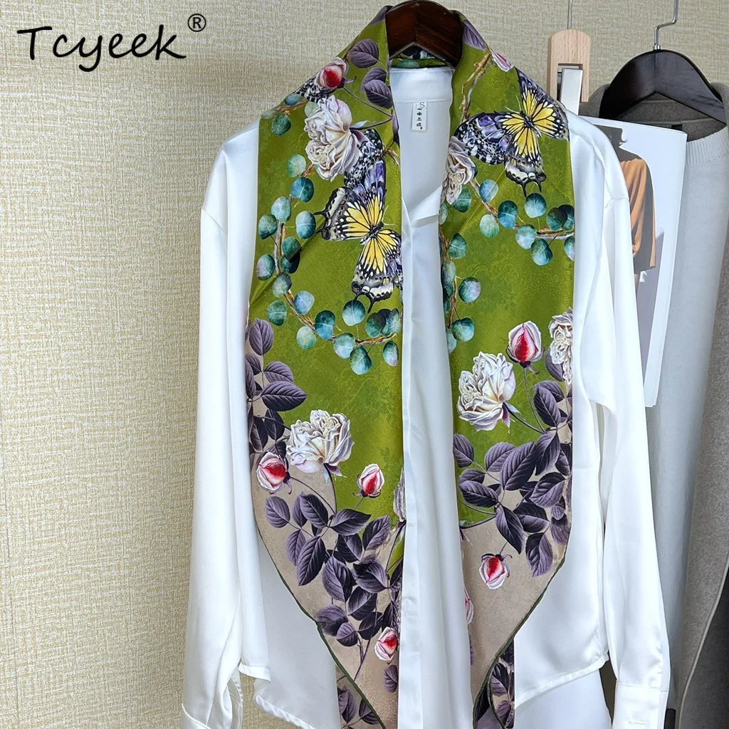 

Tcyeek, 100% настоящие шелковые элегантные шарфы, принт бабочки 108 см, подарок для мамы, модный шикарный шарф в стиле ретро, лето 2023, осень A465132QM
