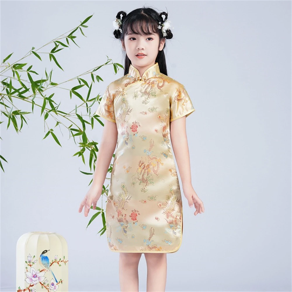 Children\'s Qipao New Summer Retro Princess Dress Chinese Style Girls\' Improved Short Sleeves Cheongsam Elegant Party Clothing