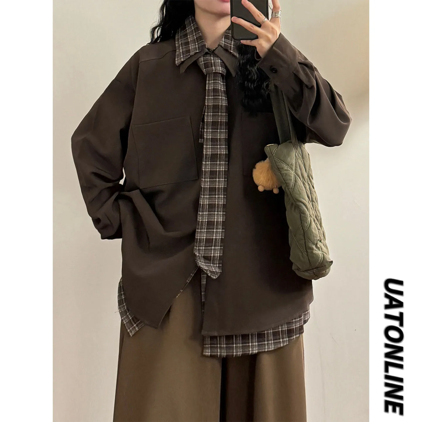 

UATONLINE2026 Весенняя женская рубашка в японском ретро-стиле с отстегивающимся галстуком, свободного кроя, с воротником-стойкой на пуговицах, унисекс