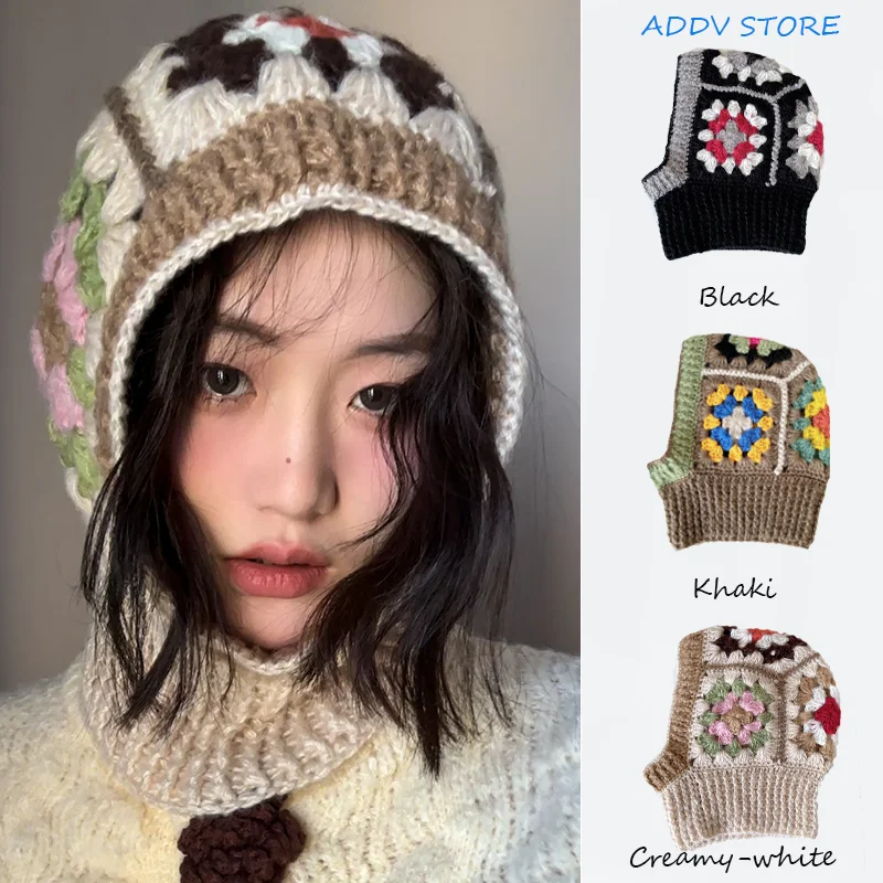 

Floral Handmade Crochet Balaclava Beanies Hats for Women Winter Warm Wool Knitted Neck Warmer Pullover Female Hooded Caps Gorro