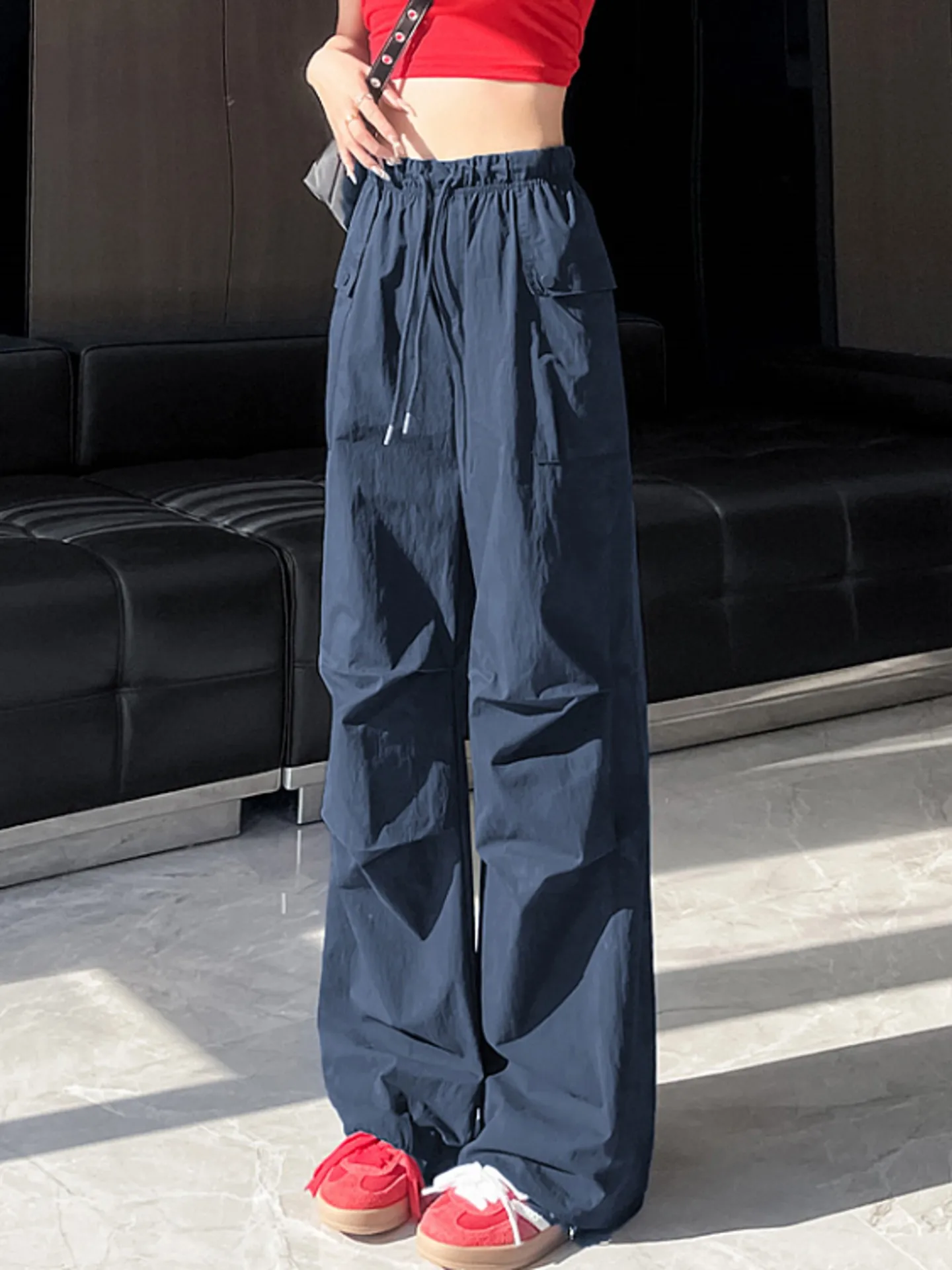 クイ ドライアイスシルク レディース 夏 薄手 ストレートレッグ カジュアル ルーズ ワイドレッグパンツ 登山やスポーツ用 ハイウエストデザイン