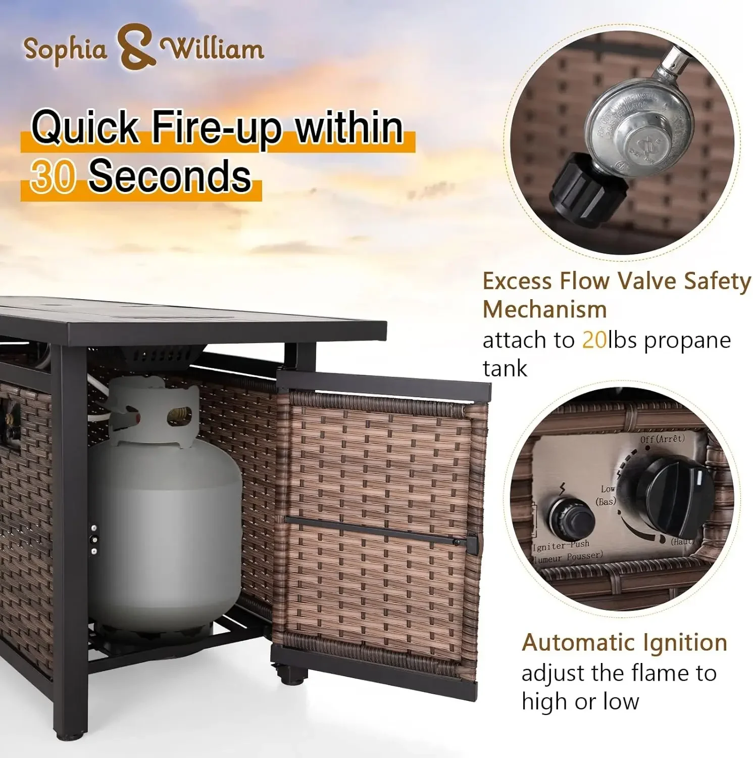 Sophia & William 56 Inch Gas Fire Pit Table Outdoor Rattan Propane Fire Table & Fireplace with Fire Glass, Lid, 50,000 BTU Firep