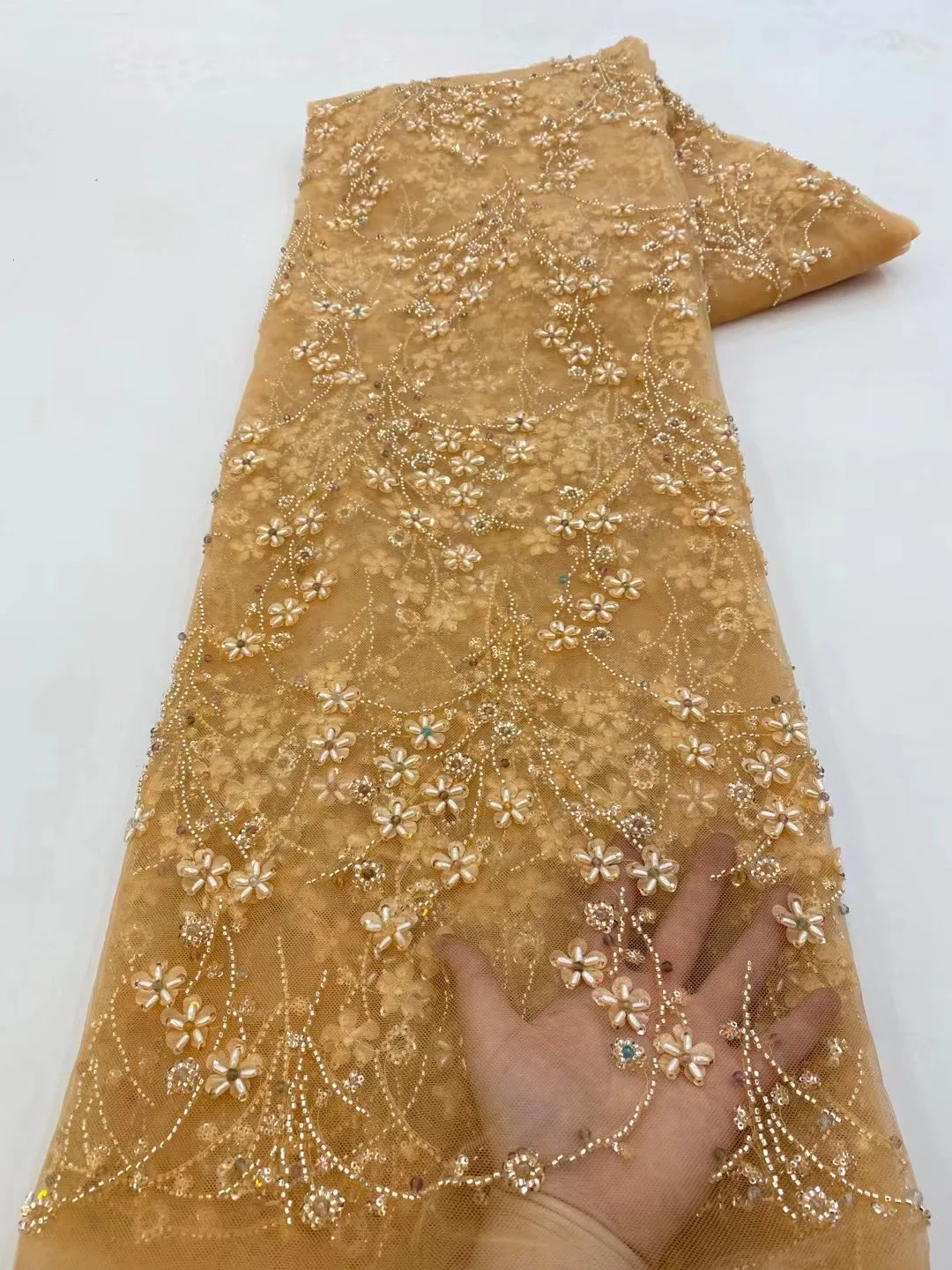 

African Lace Fabric 2024 Sequins Beaded Embroidery Nigerian Bridal High Quality French Tulle Lace Fabric for Wedding XZ57931