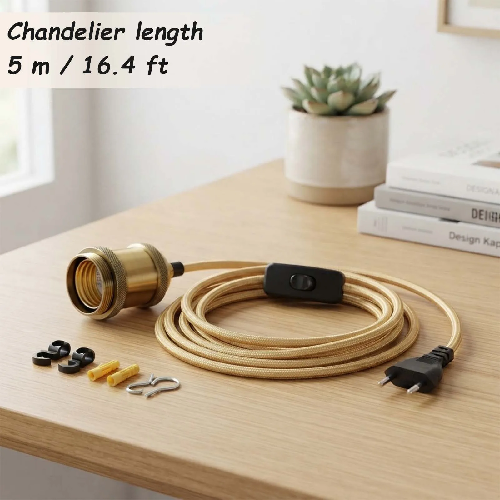 Pendant Light Cord Set, Champagne Gold Braided Cable, Brass Socket, Inline Switch, EU Plug