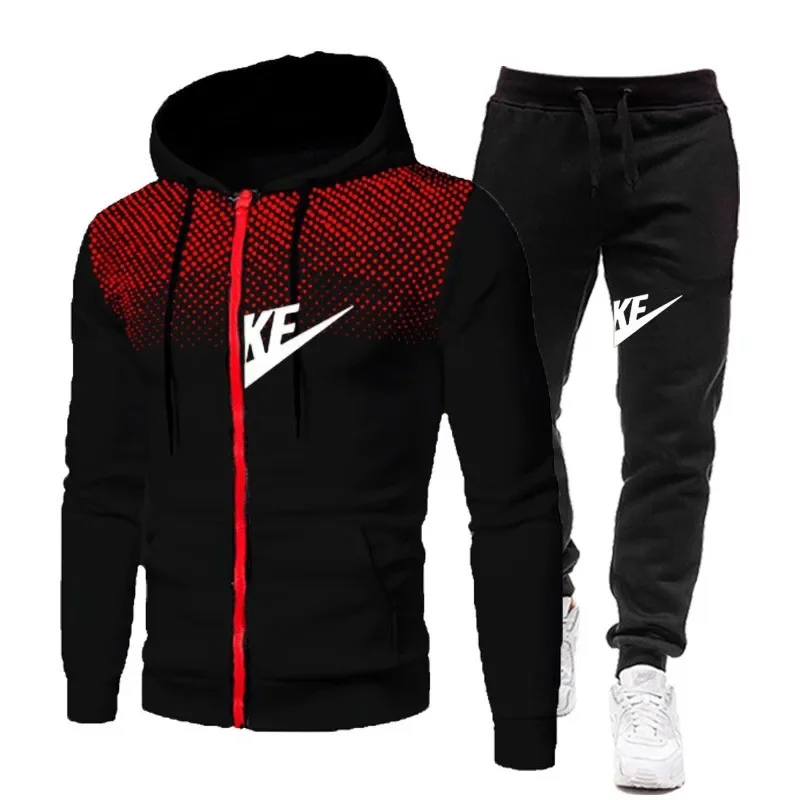 2024 autumn and winter new men's fashion zipper hoodie + trousers two sets of casual warm hooded fitness jogging sportswear suit