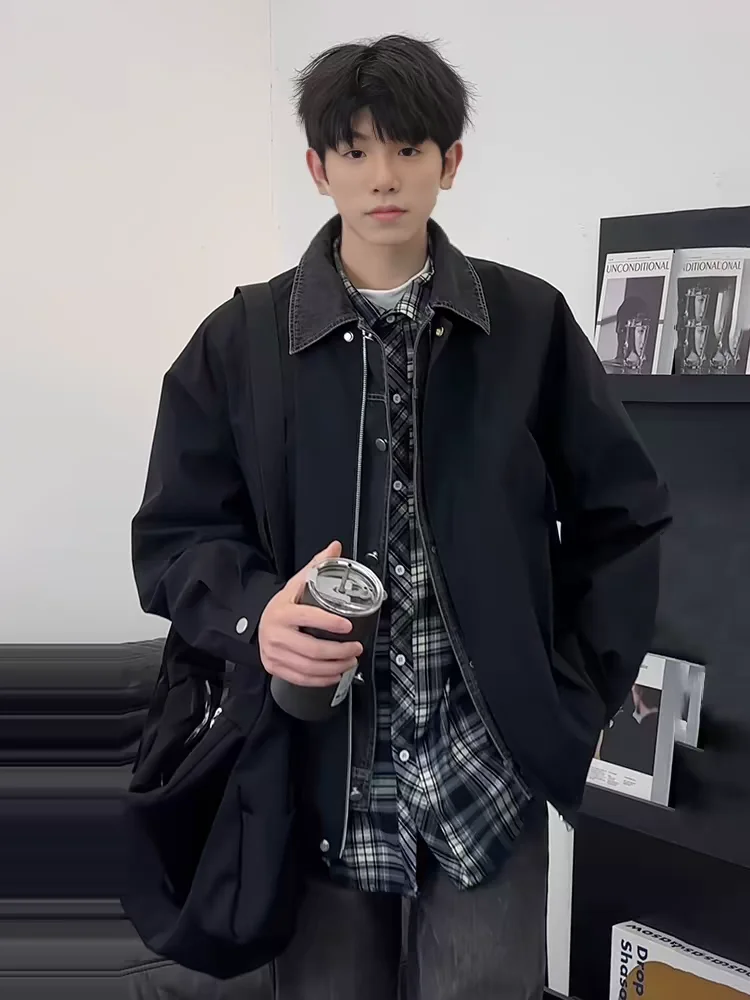 

American Sle Fake Two-Piece Denim Jaet Men's Design Spring Autumn Executive ort Collar Baseball Attire Loose Fit Youth ...