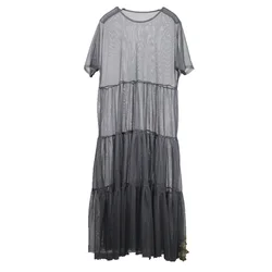 Ladies New Fashion Mesh See Through Sexy Dress for Women Casual Fold Girls Double Dressed Splicing Large Hemline Dresses Female