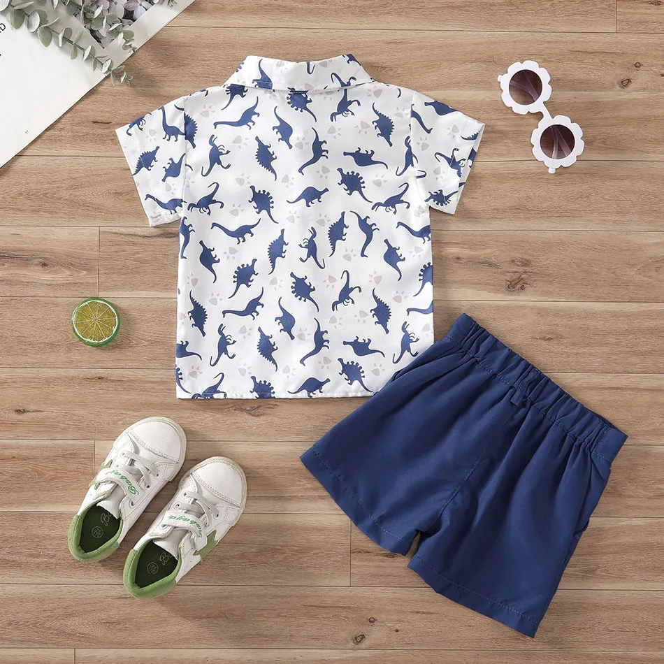 Boys Summer Casual Set Children Fashion Set Children Printed Top+Solid Color Shorts Two-Piece Set Children Minimalist Lapel Set