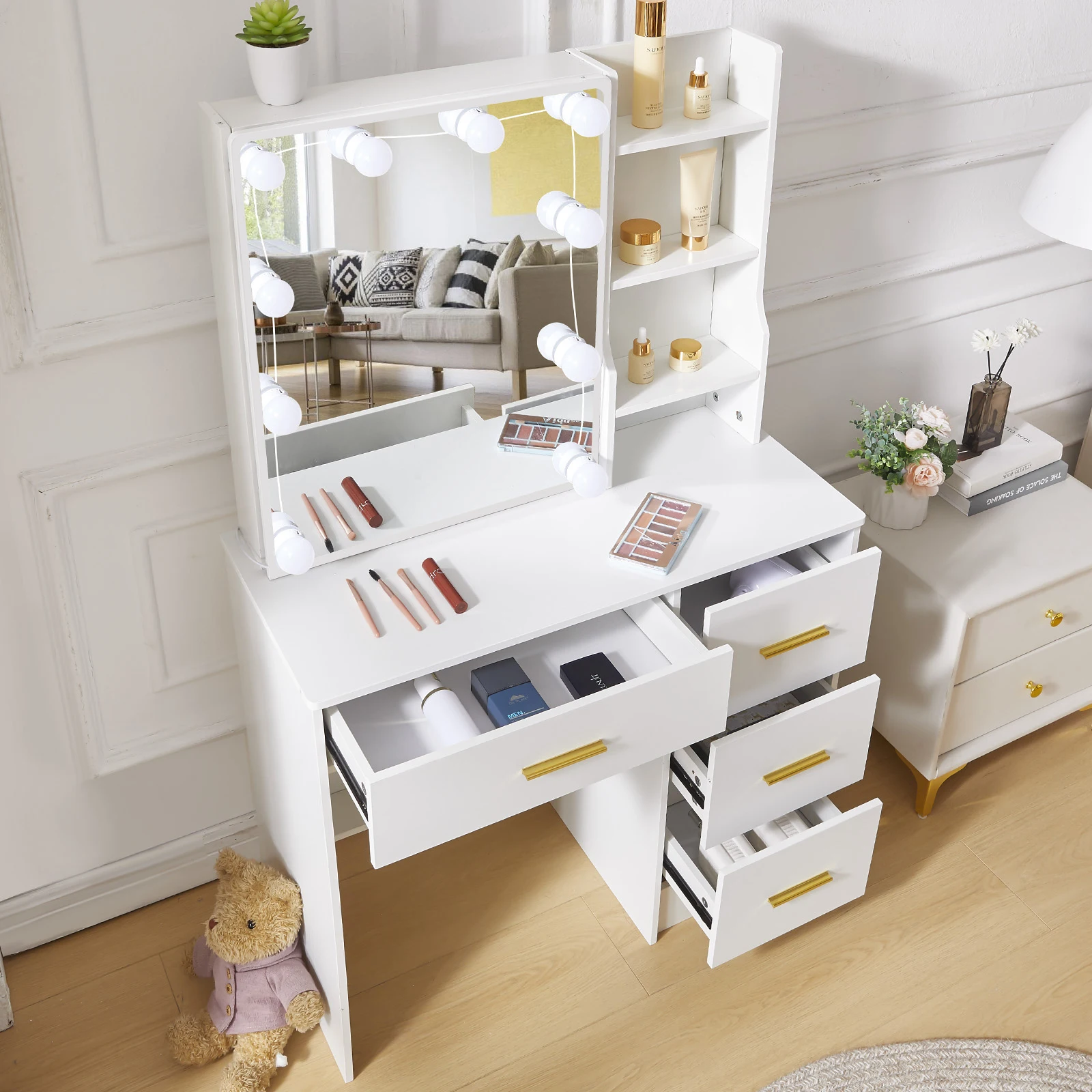 طاولة الزينة الحديثة، طاولة الزينة، مرآة مضاءة أنيقة مع 4 أدراج #4