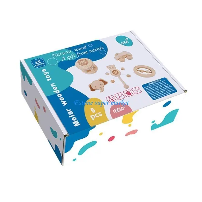 090B 5 pezzi giocattolo per dentizione del bambino giocattolo lenitivo in legno giocattolo sensoriale per bambini 3-12