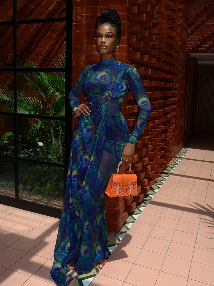Cutenew Trend Mesh Dress Women Elegant Peacock Print Bandage Ring Decoration Ruched New Prom Party Stretch Slim Maxi Bodycon