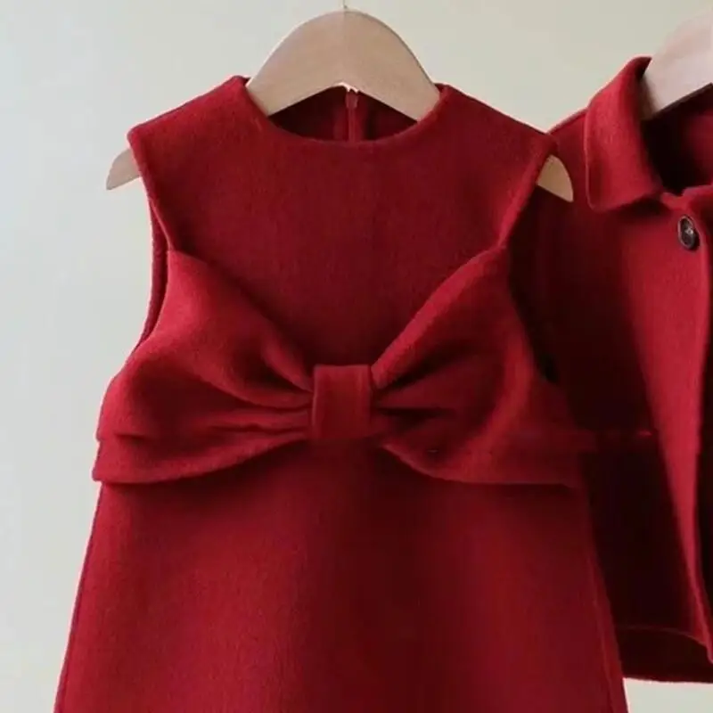 Kawaii معطف غير رسمي مجموعة عصرية ونمط غربي عيد ميلاد السنة الجديدة فستان الفتاة عباءة حمراء سترة قطعتين ملابس الشتاء #5