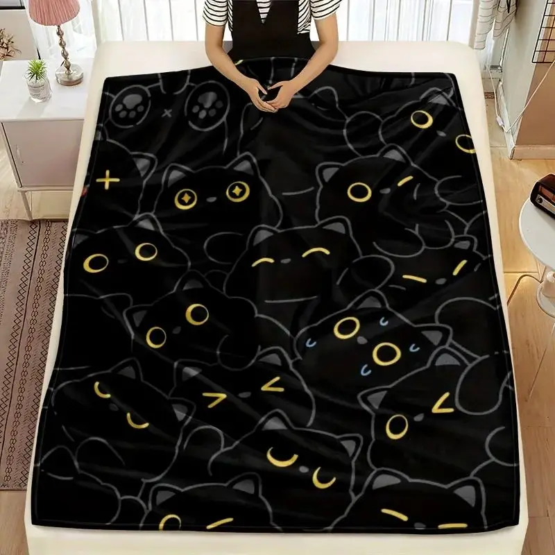 New Black Multi-segment Cute Black Cat Pattern Printed Blanket, Machine Washable, Flannel Blanket