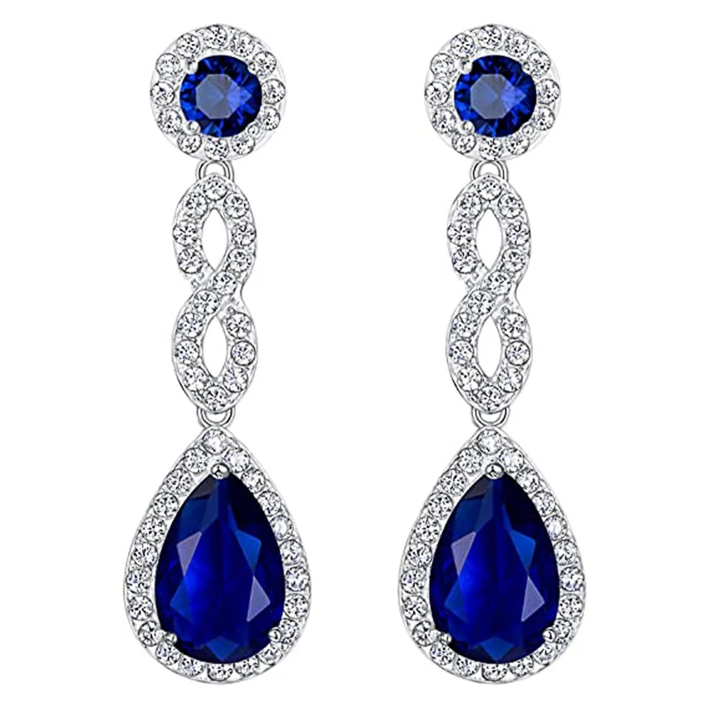 Huitan Temperament Blue Cubic Zirconia Long Hanging Earrings for Women Luxury Elegant Bride Wedding Party Earrings New Jewelry