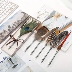 Peacock Feather Pen Dip Water Pen Quill Pen Adult Signature Pen Small Gift Box for Mother, Teacher and Classmate Holiday Gift