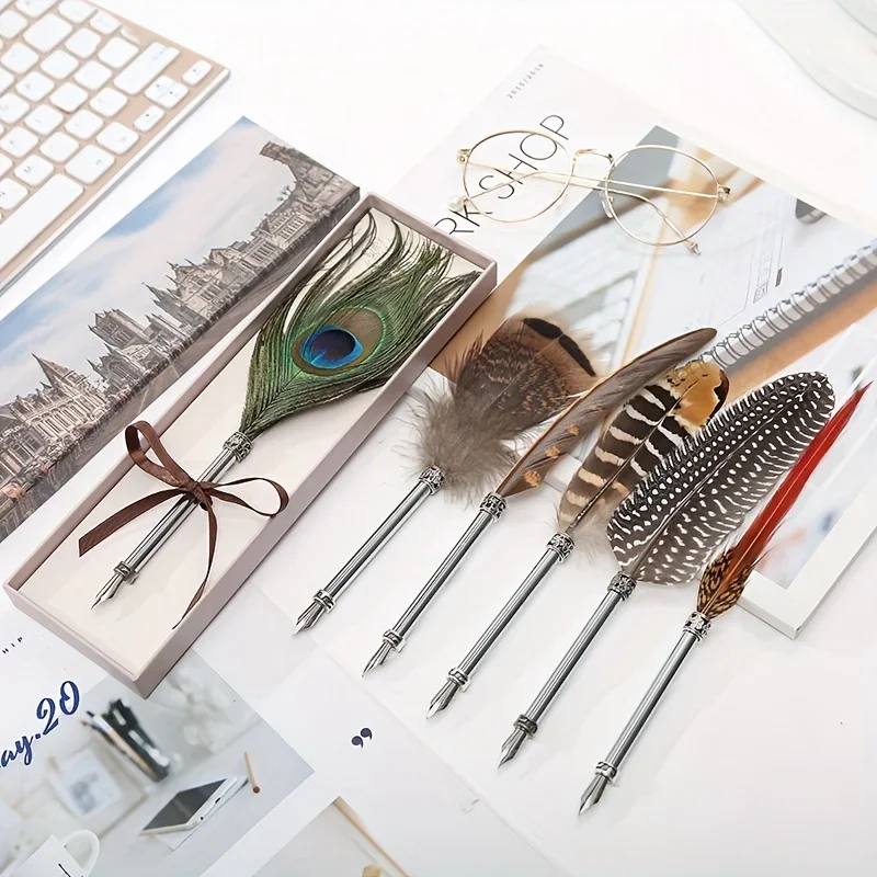 Peacock Feather Pen Dip Water Pen Quill Pen Adult Signature Pen Small Gift Box for Mother, Teacher and Classmate Holiday Gift