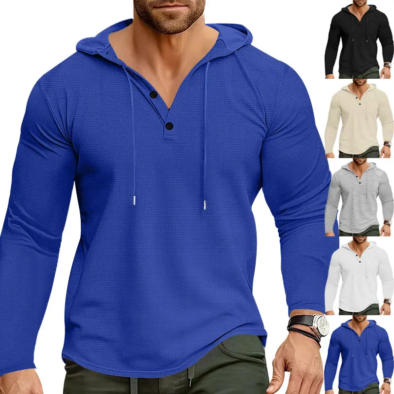 Pop European And American Style Men's Clothing Casual Hooded Long Sleeve T-shirt Henley Shirt Walf Checks Fabric Man's Sportswea