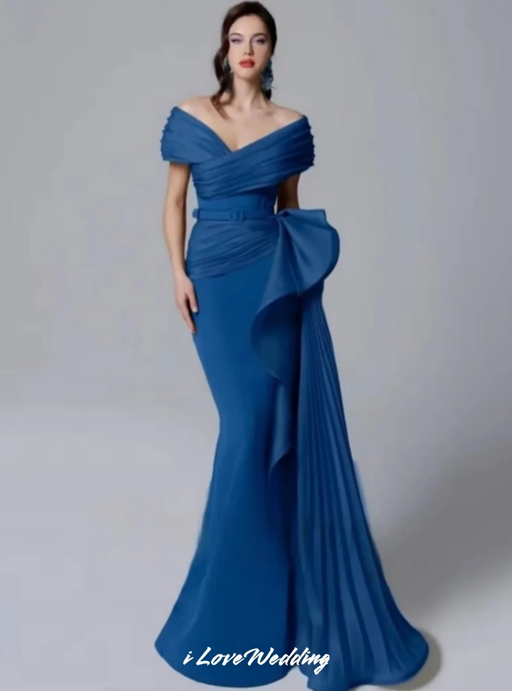 Blue Off the Shoulder Evening Dresses 2025 Satin V-Neck Belt Pleated Mermaid Floor-Length Wedding Party Dresses Customized