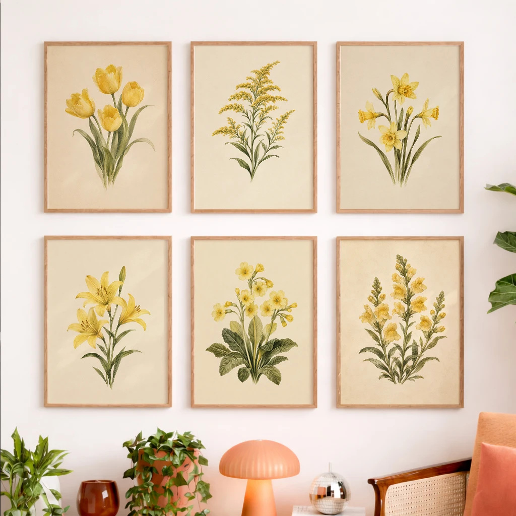 Set of 6 Yellow Botanical Canvas Poster Tulip Goldenrod Daffodil Lily Primrose Wildflower Vintage Garden Room Wall Art Decor