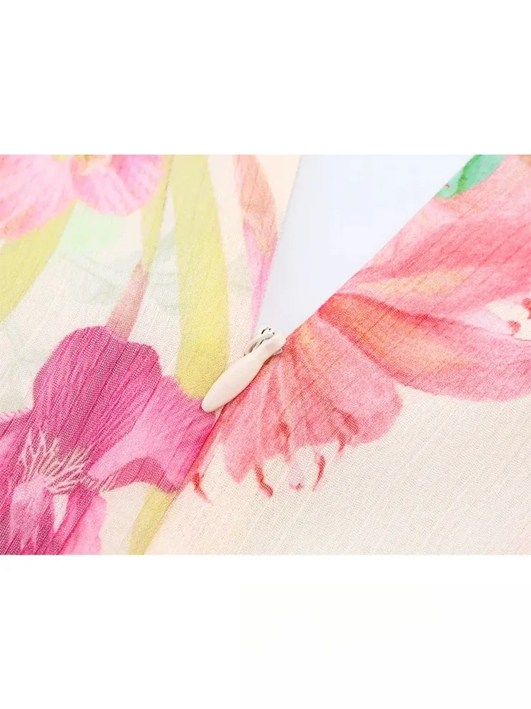 KONDALA セクシービーチシック レディースワンピース プリント Vネック ノースリーブ ジッパー ホローアウトワンピース 最新ファッション 2025 春夏 パーティードレス