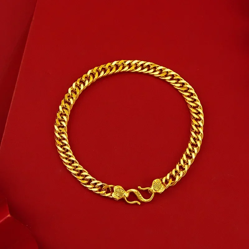 

9999 Real Gold 24K Lucky Buckle Boss Flat Chain Necklace Bracelet Set, Gold Whip Chain Bracelet Necklace