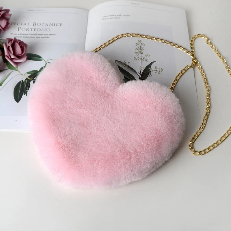 Mode frauen Herzförmige Handtaschen Nette Kawaii Faux Pelz Umhängetaschen Geldbörse Plüsch Kette Schulter Tasche Dame Handtasche – Detail 17