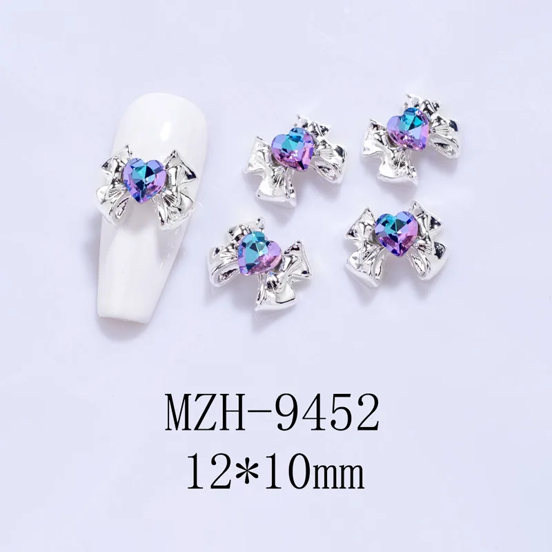 10pcs Alloy Bow Tie Nail Art Charm 3D Silvery Red Colorful Diamond Bowknot Nail Decor Parts DIY Cute Sweet Nail Accessories